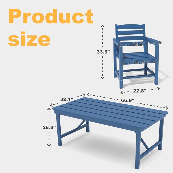 Kingdura 7 Piece Patio Dining Set for 6, HDPE Outdoor Table & Chairs with Umbrella Hole, All-Weather Outdoor Furniture Patio Conversation Set for Lawn Pool Backyard, Navy Blue