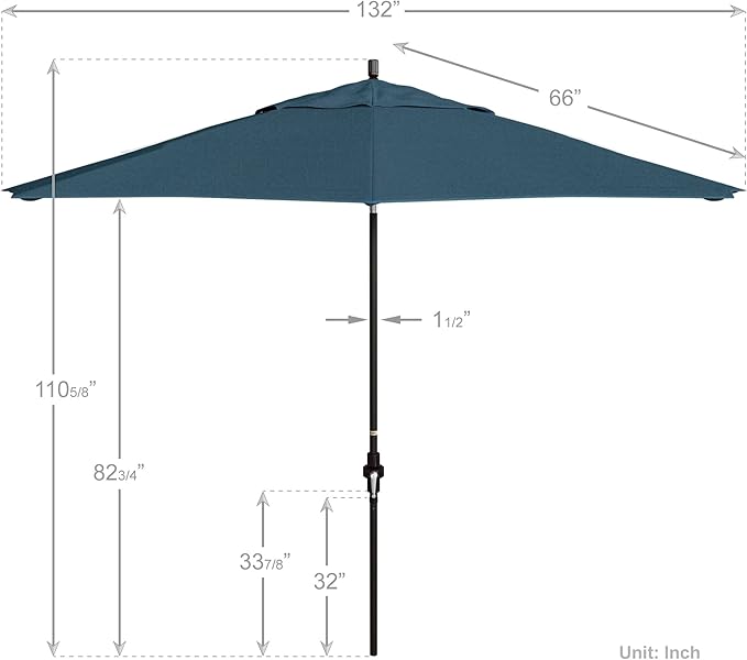 California Umbrella 11Ft Premium Sunbrella Patio Umbrella, Hand-Crank, Tilt-Collar, Bronze Frame, Regatta Fabric
