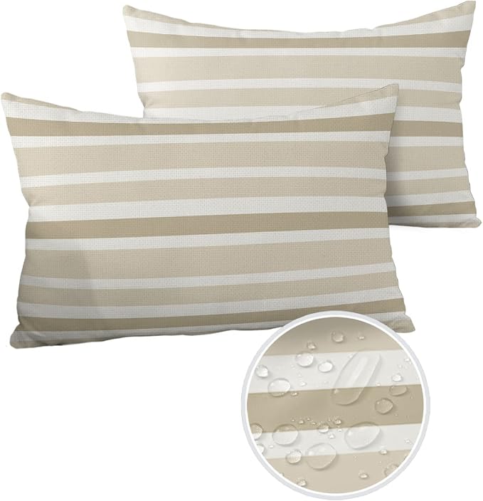 Outdoor Waterproof Pillow Covers for Patio Beige Stripe Farmhouse Decorative Throw Pillow Cover Beige White Stripe Pillowcases Set of 2 Cushion Case for Sofa Couch Chair Home Decor 20 x 12 Inches