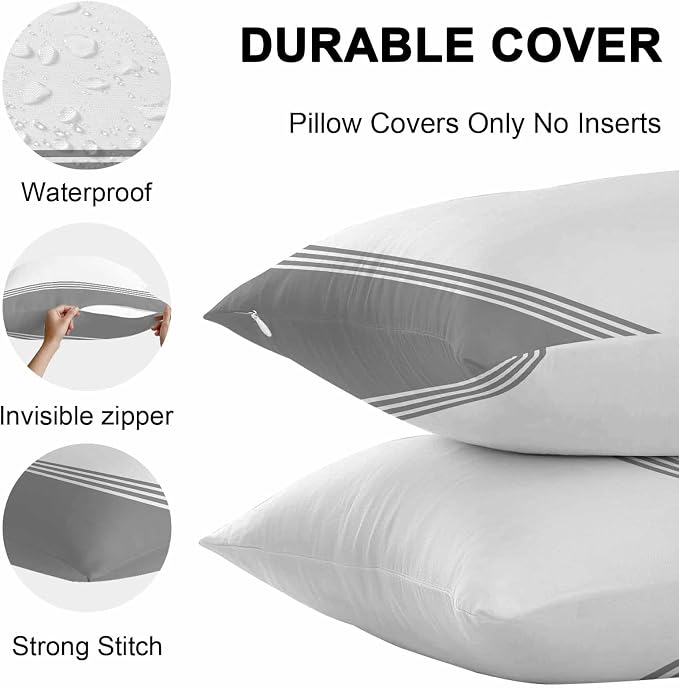 Throw Pillow Covers 18x18 Inch Set of 2, Grey White Striped Waterproof Outdoor Cushion Covers, Modern Abstract Art Aesthetics Decorative Pillowcases for Couch, Sofa, Bed, Garden, Patio