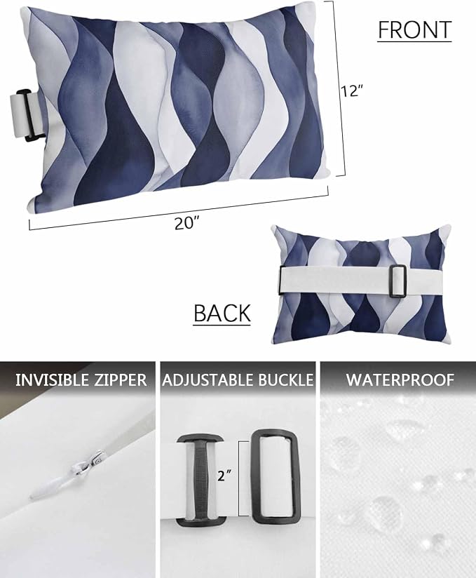 Outdoor Pillow for Chaise Lounge Chair Blue Gradient Ripples Outdoor Pillows Waterproof with Adjustable Strap Headrest Lumbar Pillows for Garden Patio Furniture 2 Pack 12" x 20"