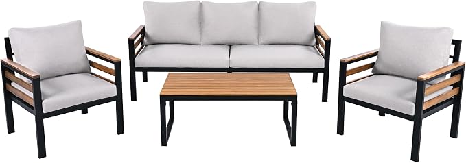 4-Piece Patio Set, Outdoor Furniture Sofa Set for 5 People with Acacia Wood Armrests, Conversation Set with Solid Wood Coffee Table, 2 Single Chairs, 3-Seater Sofa for Garden and Backyard (Beige/453)