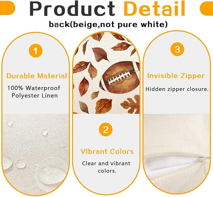 RABUSOFA Fall Outdoor Pillow Covers 18x18 Waterproof Football Decoration | Autumn Decoration, Gift for Fall, Waterproof & Durable Fabric, Machine Washable, Invisible Zipper