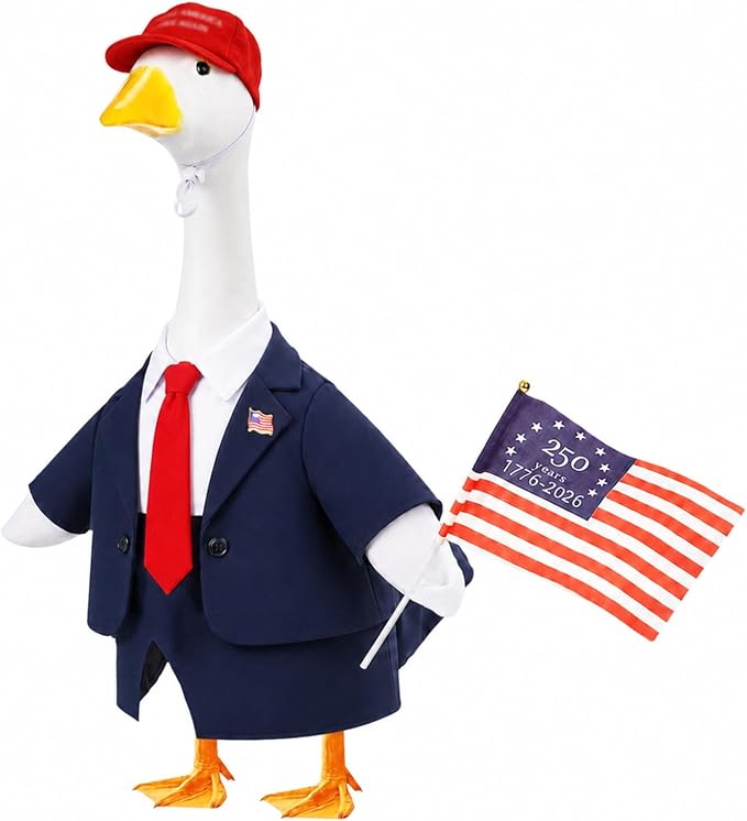 Porch Goose Outfit with Wig Hat for 23 Inch Goose Statue,Outdoor Yard Decor | USA Flag 250th Anniversary Design, Patriotic Porch Goose Clothes with Hat Wig Pin, Outdoor Yard Lawn Patio Holiday Decor