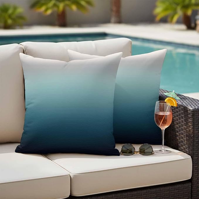 Waterproof Pillow Covers Set of 2,Black Teal and Gray Color Ombre Outdoor Pillow Protectors with Zipper Pillowcases for Patio Tent Garden Beach 16x16 Inches Modern Abstract Stripe Art