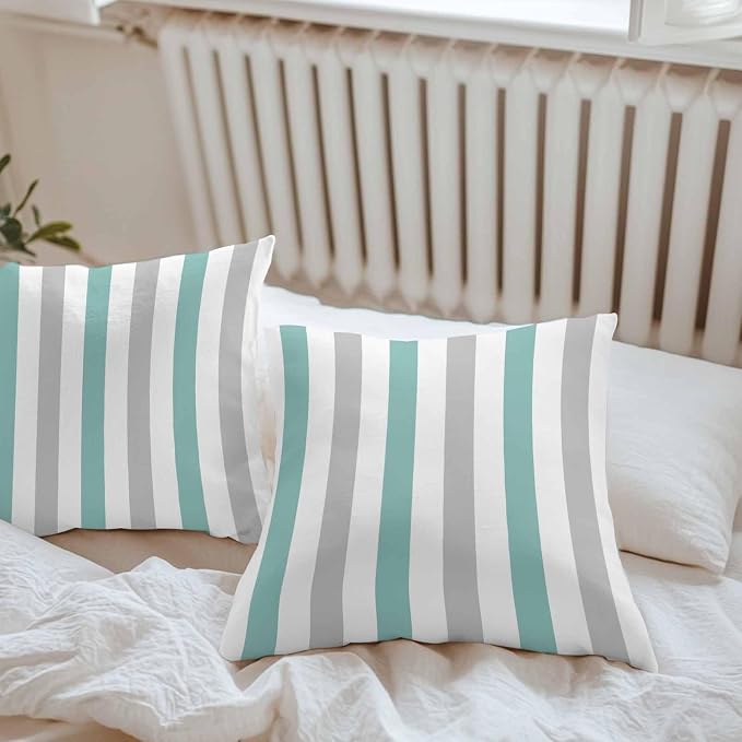 Turquoise Gray Striped Waterproof Outdoor Pillow Covers Set of 2 Home Decor, Farmhouse Stripe Art Pillowcase Patio Pillow Covers for Couch Bench Furniture Garden 18x18in