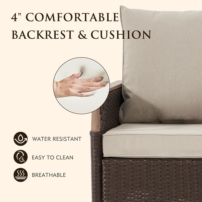 MELLCOM Patio Swivel Glider Rocker Chairs Set Wicker 5 Piece Patio Furniture Set Rocking Bistro Set with Tempered Glass Side Table and 2 Ottoman, for Backyard Garden Patio Porch (Beige, 5pcs)