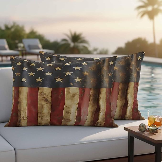 Vintage American Flag Outdoor Pillow Covers Set of 2 USA Patriot Waterproof Throw Pillow Cover Decorative Cushion Cases for Patio Porch Garden 20X12 Inch