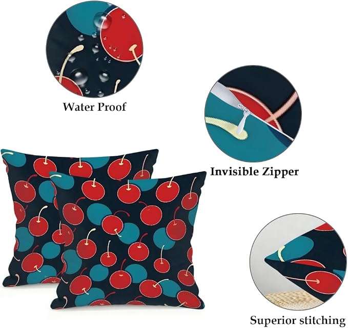 16x16 Inch Outdoor Pillow Covers Set of 2 Waterproof Throw Pillow Covers Decorative Couch Cushion Covers Red Cherry Blue Circle Square Pillowcases Protectors for Patio Garden Sofa
