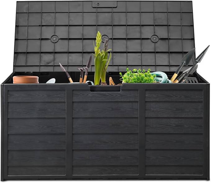 Vasitelan 75 Gallon Outdoor Storage Box, Lockable Plastic Storage Containers with Lid, Patio Deck Box Furniture for Garden, Pool, Balcony, Yard (Black)