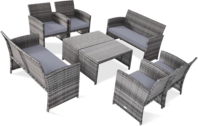 Outdoor Conversation Set, 8 Pieces Wicker Patio Furniture Set with Ergonomic Curved Design, Patio Chair Set with Water-Resistant Cushion & Tempered Glass Table for Backyard, Porch(Gray)