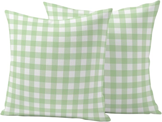 Mint Green Checks Outdoor Pillow Covers 20"x20" Set of 2, Gingham Plaid Abstract Modern Minimalist Waterproof Throw Pillow Covers for Patio Furniture, Decorative Cushion Covers for Porch