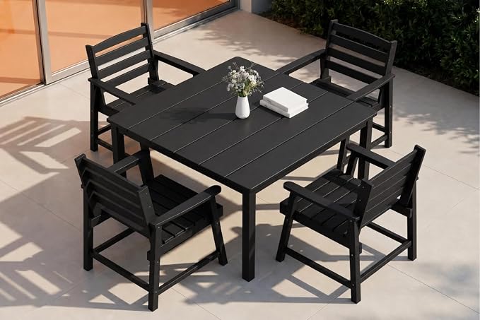 HDPE Outdoor Dining Set for 4, Square Table & Chairs Set | • All-Weather Polywood Composite • 410 lbs Heavy-Duty Support • Built-In 2" Umbrella Hole • Easy Soap-Water Wash