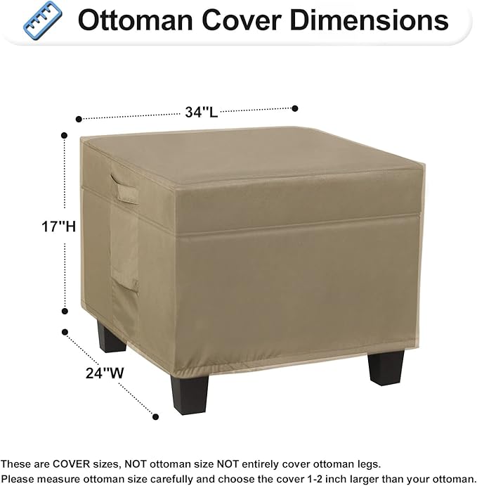 OutdoorLines Outdoor Waterproof Patio Ottoman Covers - Rectangle UV-Proof Patio Side Table Cover Windproof Heavy-Duty Furniture Covering Protector 34L x 24W x 17H Inch, Camel