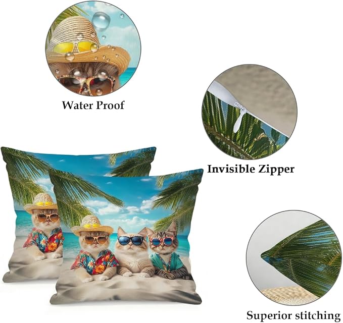 16x16 Inch Outdoor Pillow Covers Set of 2 Waterproof Throw Pillow Covers Decorative Couch Cushion Covers Beach Cats Sea Square Pillowcases Protectors for Patio Garden Sofa
