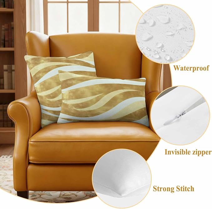 Yellow Pink Waves Waterproof Outdoor Pillow Covers Set of 2 Home Decor, Ombre Sea Ripples Shabby Beach Pillowcase Patio Pillow Covers for Couch Bench Furniture Garden 20x12in