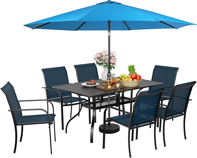 Incbruce 8 Pieces Patio Dining Set with Sky Blue Umbrella, Outdoor Dining Set of 6 Textilene Chairs and Rectangle Table with Umbrella Hole for Backyard, Garden, and Poolside (Blue)