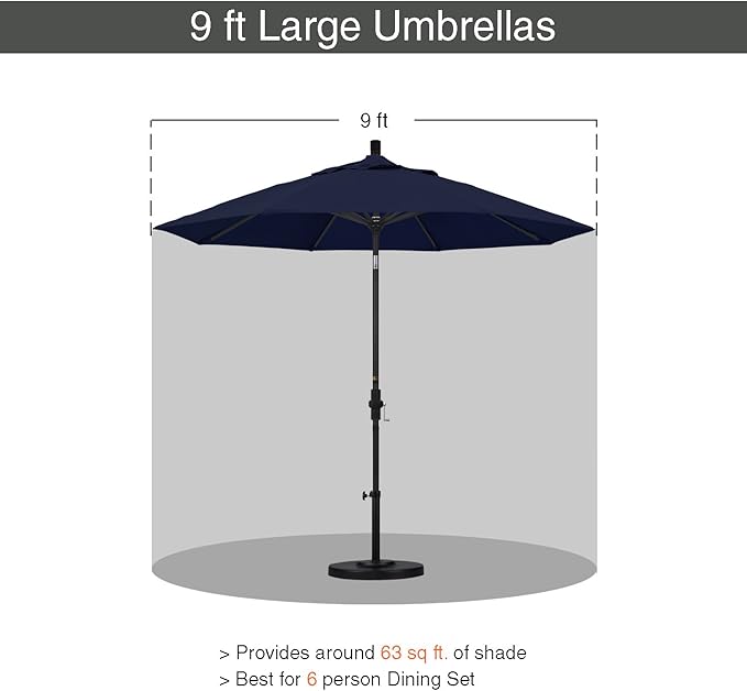 California Umbrella 9' Round Aluminum Market Umbrella, Crank Lift, Collar Tilt, Bronze Pole, Navy Blue Olefin