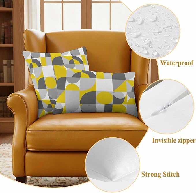Mid Century Outdoor Waterproof Throw Pillow Covers Set of 2, 20"x12", Yellow Grey Abstract Retro Geometric Modern Decorative Pillow Covers Outside Cushion Case for Patio Porch Garden