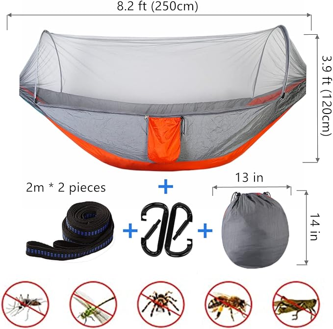 LFL Camping Hammock with Mosquito Net, Hammocks with 13ft Tree Straps Carabiners, Automatic Quick Open Outdoor Portable Hammock, Nylon Parachute Material Outside Hammocks with Net (Orange)
