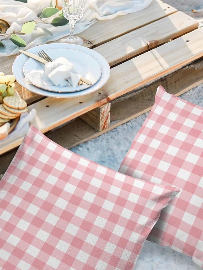 Outdoor Waterproof Throw Pillow Covers Set of 2 Romantic Love Pillowcases 24x24 Inches Pink Buffalo Check Plaid Patio Decorative Pillows Cushion Case Patio Pillows for Couch Bed Chair Garden