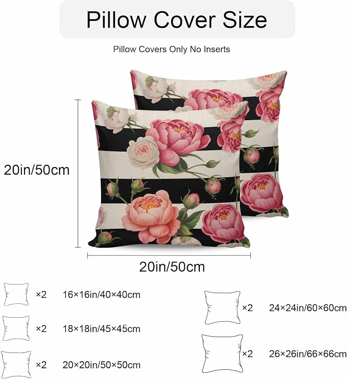 Outdoor Waterproof Throw Pillow Covers Set of 2 Pink Peony Rose Pillowcases 26x26 Inches Floral Black Stripes Linen Decorative Pillows Cushion Case Patio Pillows for Couch Bed Chair Garden