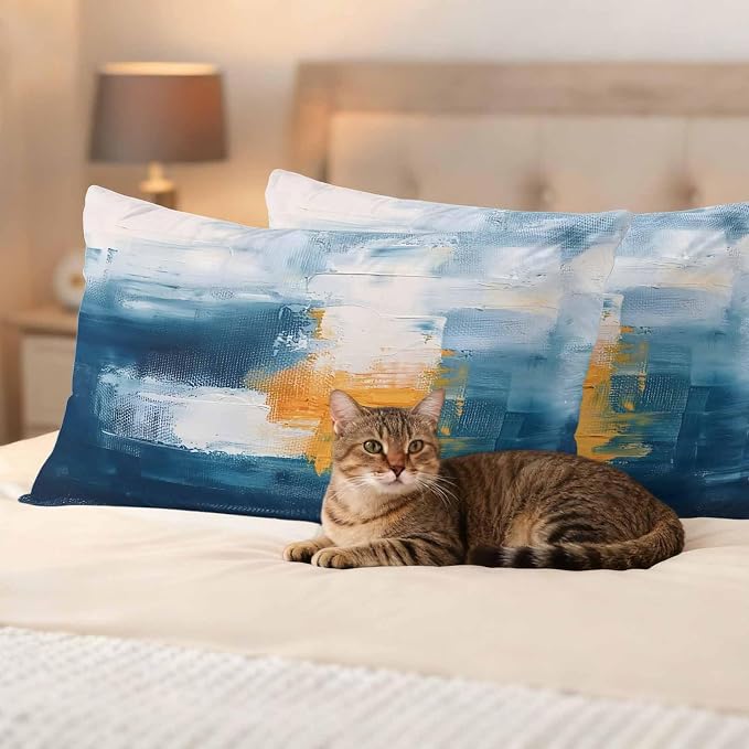 Blue Yellow Outdoor Waterproof Throw Pillow Covers Set of 2, 20"x12", Abstract Oil Painting Decorative Pillow Covers Outside Cushion Case for Patio Porch Garden