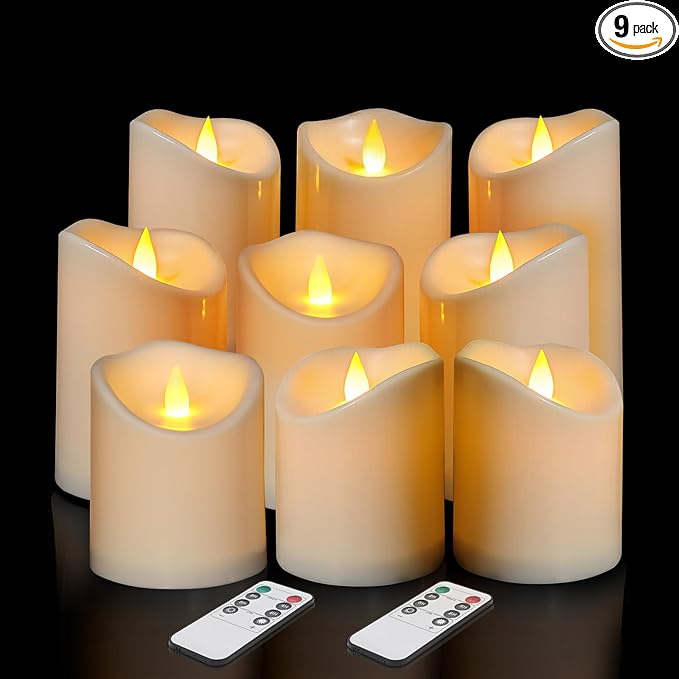Flameless Candles 4" 5" 6" Set of 9 Outdoor Indoor Pillars Battery Operated Flickering Candles Include 8-Key Remote Timer Function Ivory Fake LED Candles for Wedding, Aniversary,Christmas Decor