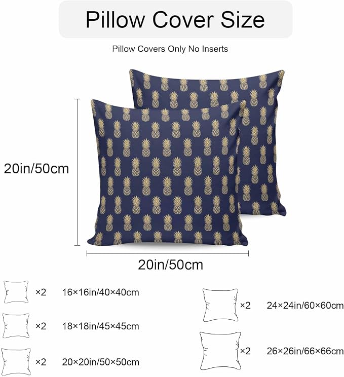 Summer Pineapple Outdoor Pillow Covers Waterproof,All Weather Cushion Case Set of 2 Decorative Pillowcases for Sofa Couch Bed Decor Patio Furniture 24"x24" Tropical Fruit Geometric Navy Blue