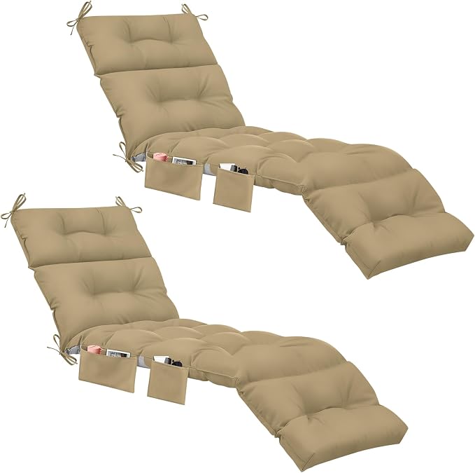 Kigley 2 Pcs Outdoor Chaise Lounge Cushions with 3 Side Pocket 74.5 x 22 x 4.7 Inch Patio Chaise Lounge Cushion, Water-Repellent and Fade-Resistant Tufted Summer Replacement(Brown)