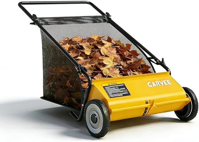 GarveeLife Push Lawn Sweeper, 26 Inch Extra-Wide 4-Brush System, 7 cu.ft. Mesh Bag, Heavy Duty Steel Frame, Height-Adjustable Yard & Garden Cleaner for Leaves and Grass, Yellow