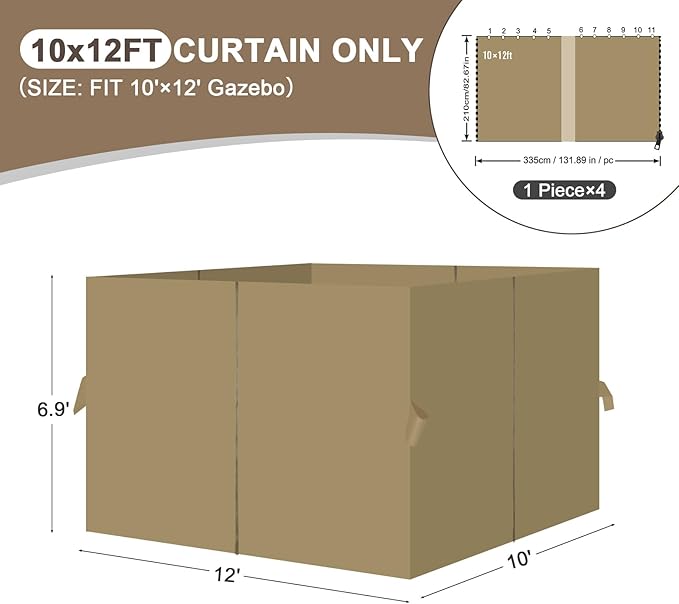 Aoodor 10x12 ft Outdoor Gazebo Curtains, 4 Panels Waterproof Privacy Sidewall Replacement with Zipper for Patio Pergola and Canopy, Khaki