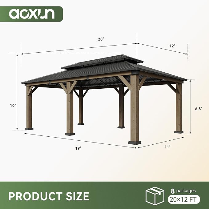 Aoxun 12' x 20' Outdoor Wood Gazebo, Hardtop Gazebo Permanent Wooden Pavilion with Galvanized Steel Double Roof, and LED Outdoor Waterproof Hanging Lights, for Patio, Garden, Deck, Cedar Wood