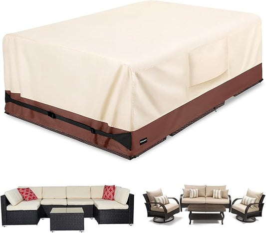 Rectangular Patio Furniture Covers,Upgraded 600D Heavy Duty Outdoor Furniture Covers Waterproof,Outdoor Sectional Dining Table and Chairs General Purpose Furniture Set Cover,126"L × 74"W × 28"H,Beige