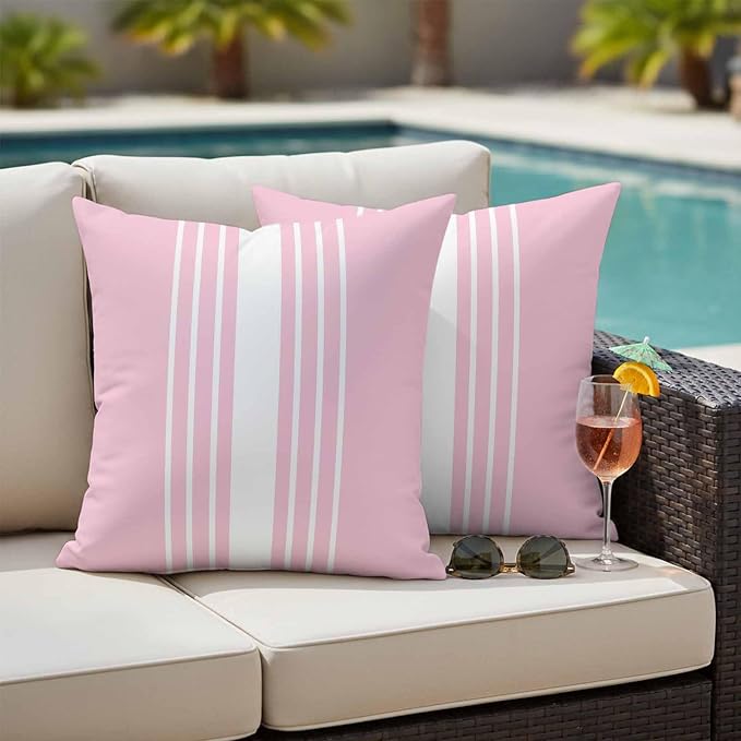 Pink White Stripe Outdoor Pillow Covers 24x24 Inch Throw Pillow Covers Set of 2 Waterproof Decorative Pillow Cases Modern Rustic Vertical Striped Cushion Covers for Patio Furniture Garden Couch Sofa