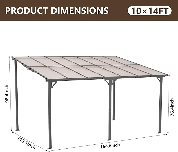 10' x 14' Lean to Gazeb,Hardtop Galvanized Steel Pergola with Sloped Polycarbonate Roof,Wall Mounted Gazebo Patio Canopy with Ground Anchor for Backyard Deck