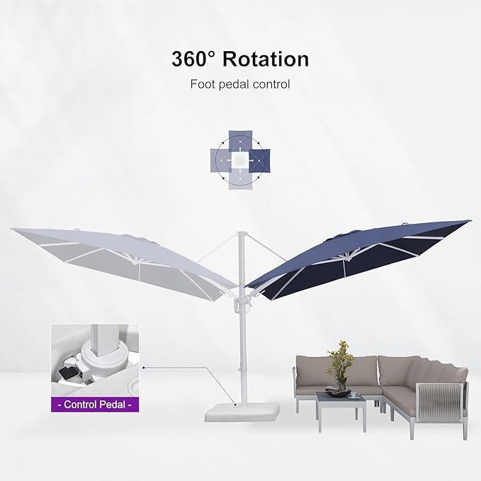 PURPLE LEAF 9' X 12' Right-left Tilt White Patio Umbrella with Base Cantilever Outdoor Swivel Umbrellas with Aluminum Tilt Offset Umbrella with 360° Rotation for Deck Pool, Navy Blue