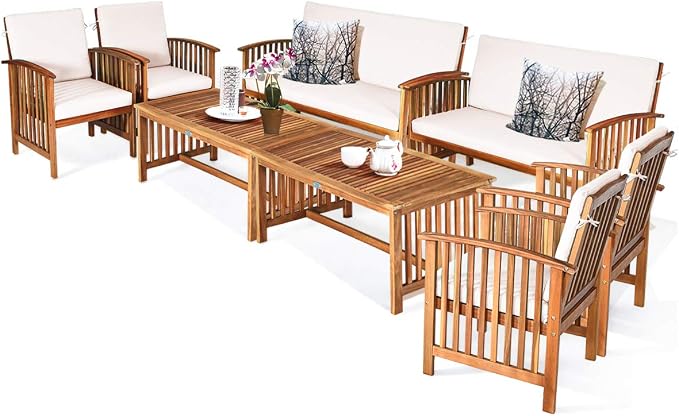 Tangkula Outdoor 8 Pcs Acacia Wood Sofa Set w/Water Resistant Cushions, Padded Patio Seating Chat Set w/Coffee Table for Garden, Backyard, Poolside (2, White)
