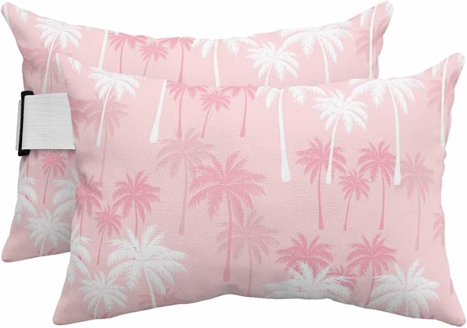 Tropical Palm Tree Outdoor Pillows for Chaise Lounge Chair Beach Headrest Pillow Set of 2 Waterproof Lumbar Pillows with Insert&Strap Pink White Plants Coastal Leaf Beach Pool Pillow 12"x20"