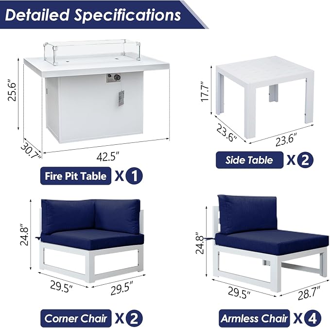 RADIATA 9 Piece Large Modern Aluminum Outdoor Patio Furniture Set with Fire Pit Table, 29" Wide Deep Seat, Rust Proof Comfy Sectional Sofa with Coffee Table, 500 lbs Sturdy Conversation Set, Navy Blue