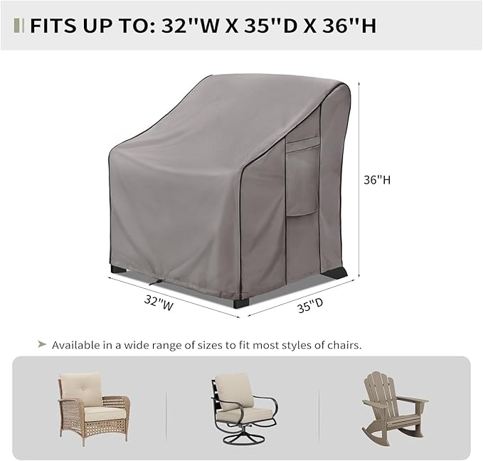 KylinLucky Heavy Duty Patio Chair Covers 2-Pack 32"x35"x36" 600D, Waterproof Outdoor Chair Covers with Security Straps & Air Vents, Grey