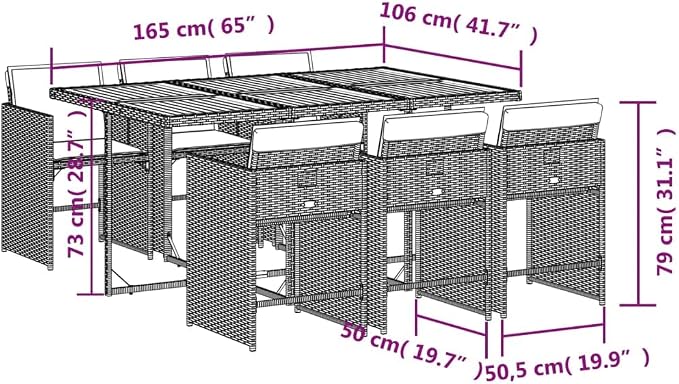 7 Piece Patio Dining Set, Outdoor Garden Rattan Table and 6 Chairs with Foldable Backrest, Space-Saving Cube Furniture for Backyard, Porch, Deck, Grey