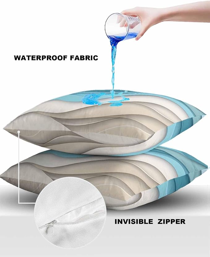 Pack of 2 Ombre Blue Brown Outdoor Pillow Waterproof Covers 20x20 inch, Abstract Wave Polyester Throw Pillow Covers Garden Cushion Decorative Case for Patio Couch Decoration