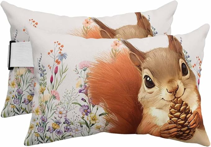 Pack of 2 Outdoor Lumbar Pillow Covers 11x16 Inch, Fall Squirrel Waterproof Throw Pillow Covers Set, Botanical Watercolor Flower Leaf Plant Indoor&Outdoor Cushion Cases for Patio Porch Beach