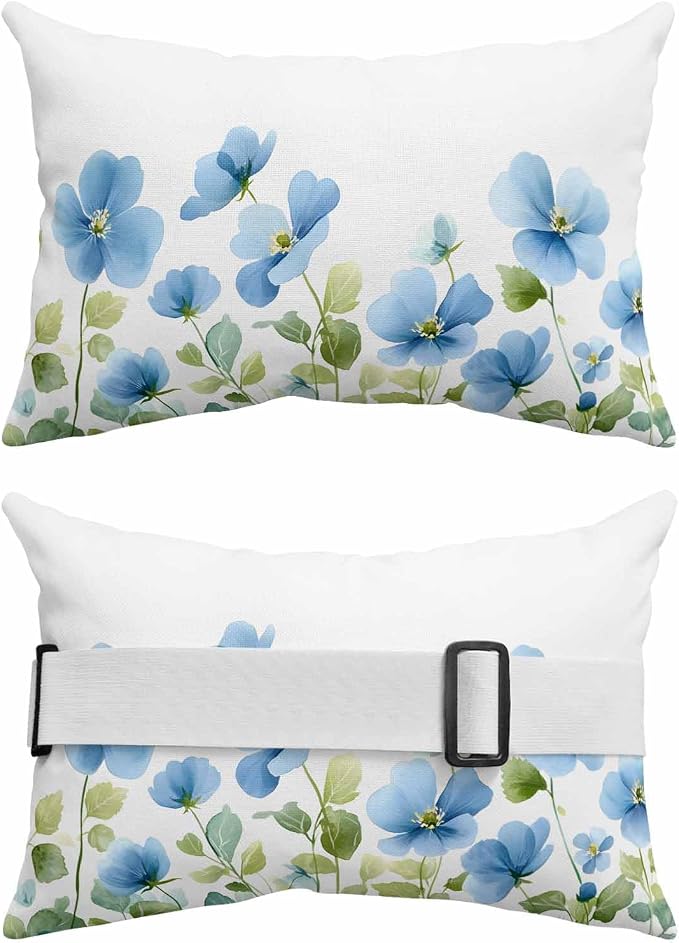 Pack of 2 Outdoor Lumbar Cushions with Inserts, Blue Flowers Watercolor Green Leaves Waterproof Fluffy Fade Body Pillows, Patio Furniture Pillow for Home Balcony Garden Decor 12x20IN