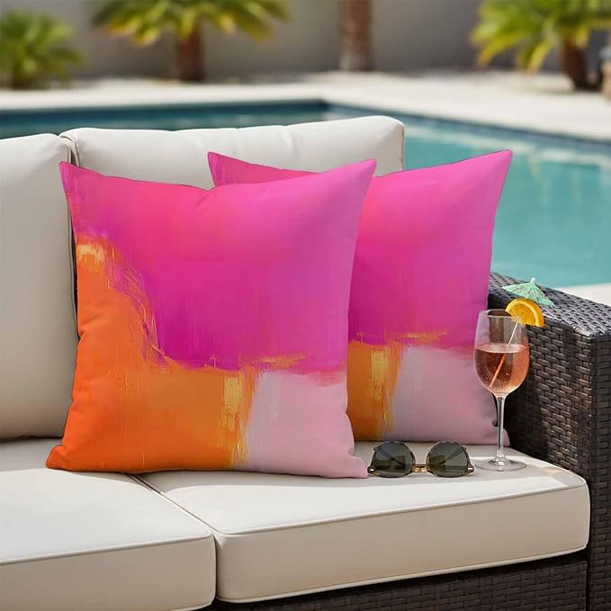 Waterproof Pillow Covers Set of 2 18x18 Inch Abstract Ombre Orange Pink Outdoor Cushion Covers Oil Painting Decorative Pillow Cases for Patio, Sofa, Couch, Garden, Balcony