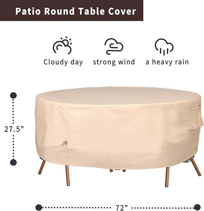 Round Patio Furniture Cover, Heavy Duty and Waterproof for Outdoor Furniture covers, Round outdoor table cover, Patio table cover 72"DIA x 27.5"H Beige