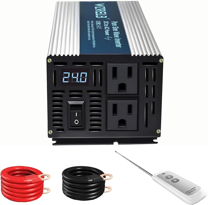 WZRELB 600W Pure Sine Wave Inverter 24V DC to 110V 120V AC Power Converter with LED Display, Remote Controller, Off-Grid Power Inverter 1200W Surge for Home, RV, Truck, Camping