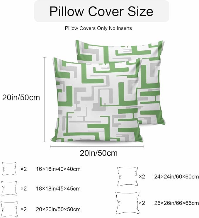 Vandarllin Outdoor Throw Pillows Covers 26x26 inch Set of 2 Waterproof Green Geometric Stripes Decorative Zippered Cushion Covers for Patio Furniture, Modern Abstract Lines Lumbar Pillowcases