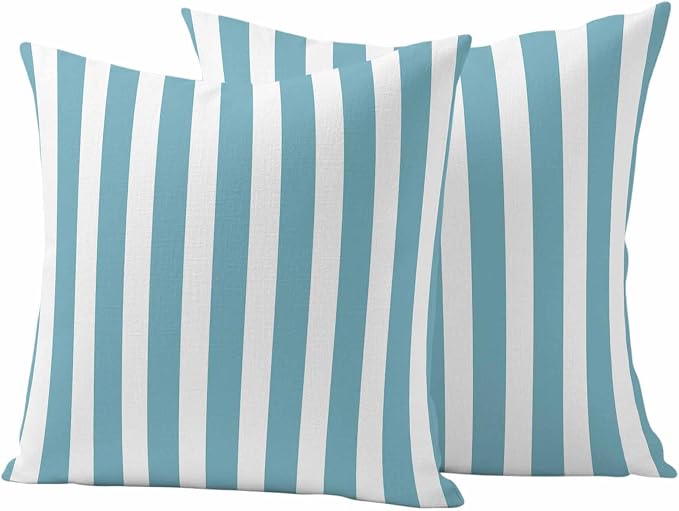 Aqua Striped Outdoor Waterproof Throw Pillow Covers 24x24 Set of 2, Modern Farmhouse Blue White Stripes Decorative Pillowcases Cushion Pillowcase for Couch Sofa Patio Outside Pillow Protector